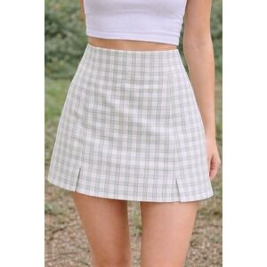 Zaful Sage Green White Plaid Mini Skirt High Waisted Front Slit Size M NWT